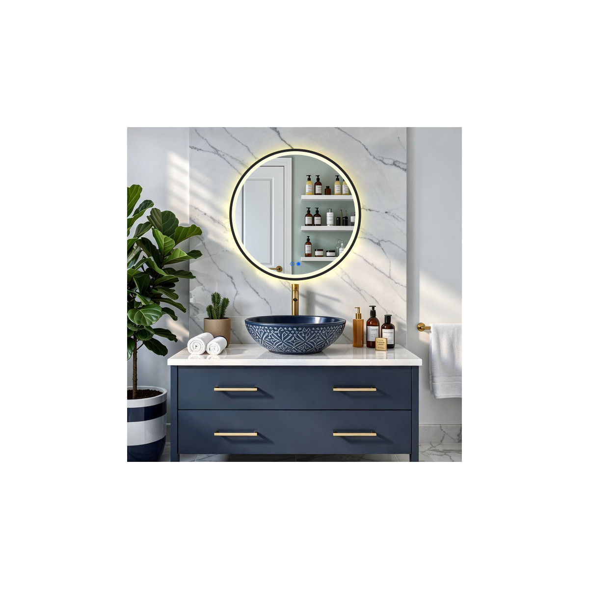 Okrągłe lustro z podświetleniem LED - 80 cm w czarnej aluminiowej ramie