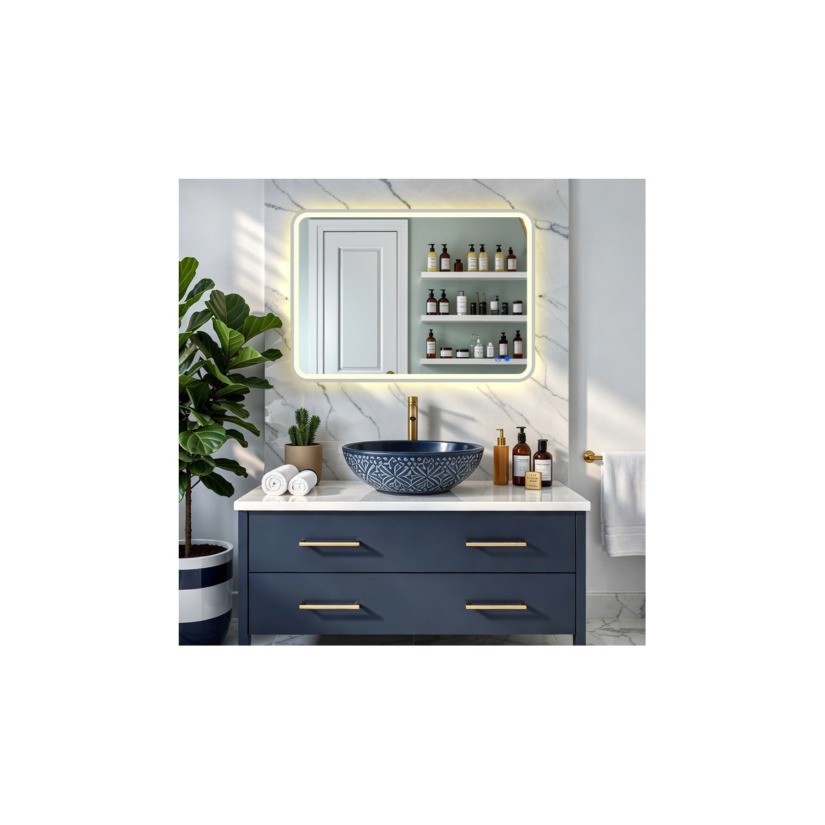 Zaokrąglone lustro podświetlane LED - 100x70/70x100 cm w srebnej ramie aluminiowej