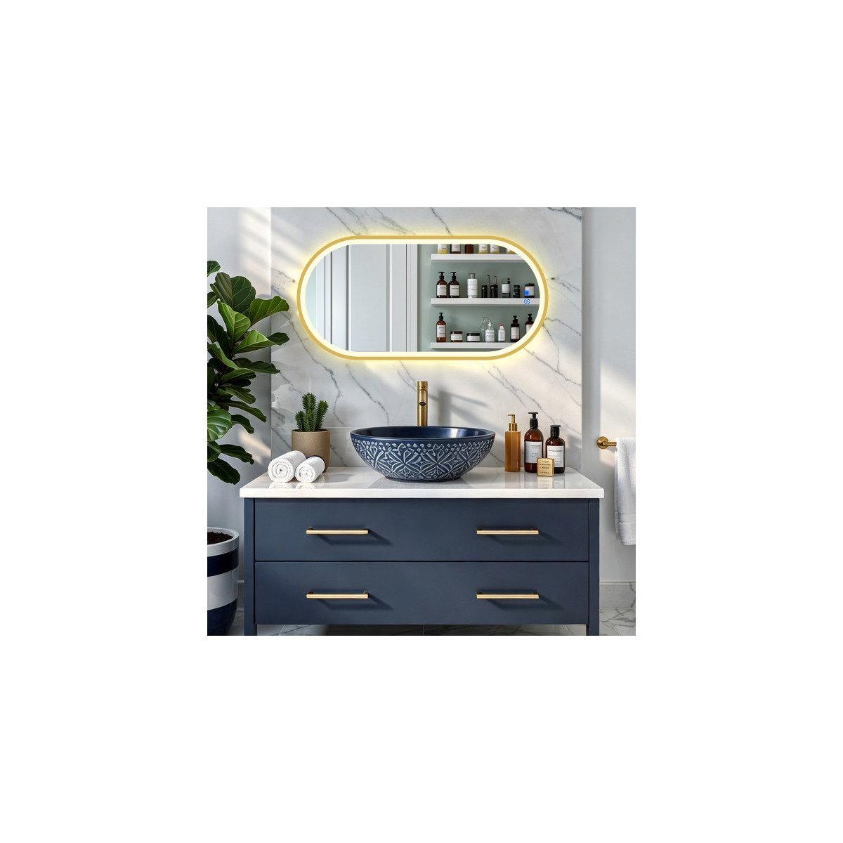 Lustro owalne LED- 50x100/100x50 cm w złotej aluminiowej ramie