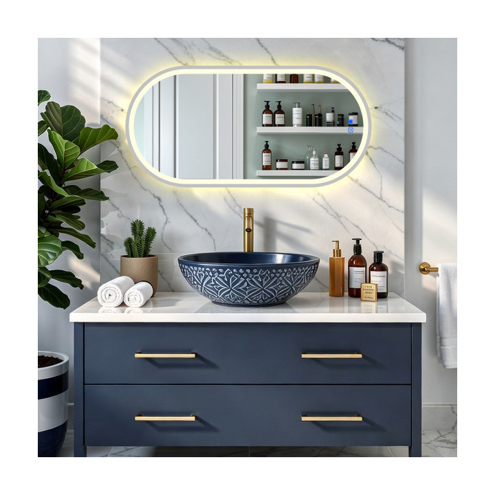 Owalne lustro podświetlane LED - 50x100/100x50 cm w srebnej ramie aluminiowej