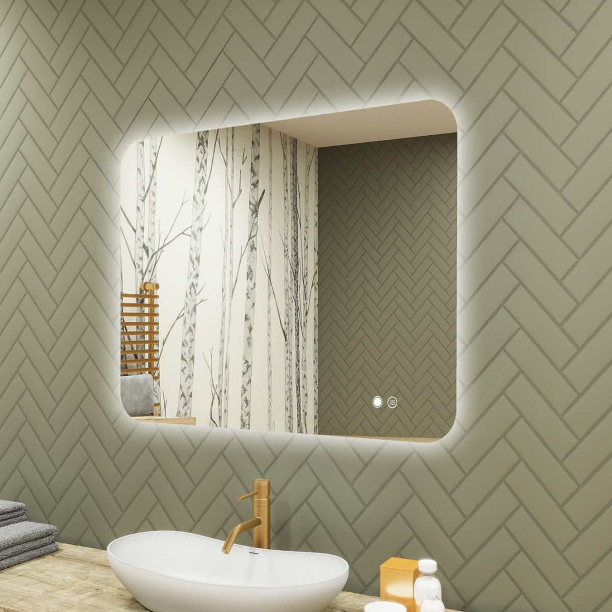 80x60 cm Zaokrąglone lustro do łazienki z oświetlenim LED, 80x60cm, Dual color, Włącznik dotykowy, Mata grzewcza