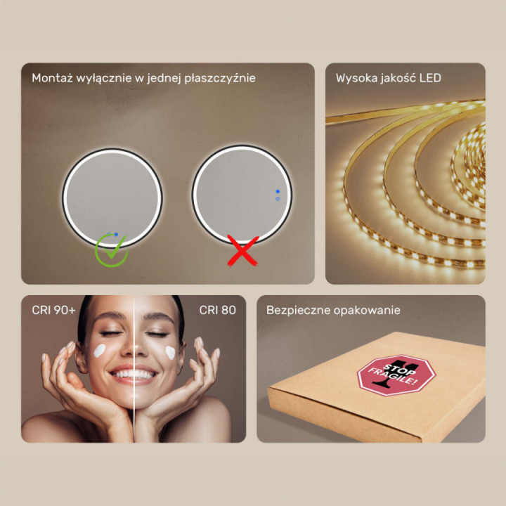 Okrągłe lustro podświetlane LED - 60 cm w srebnej ramie aluminiowej