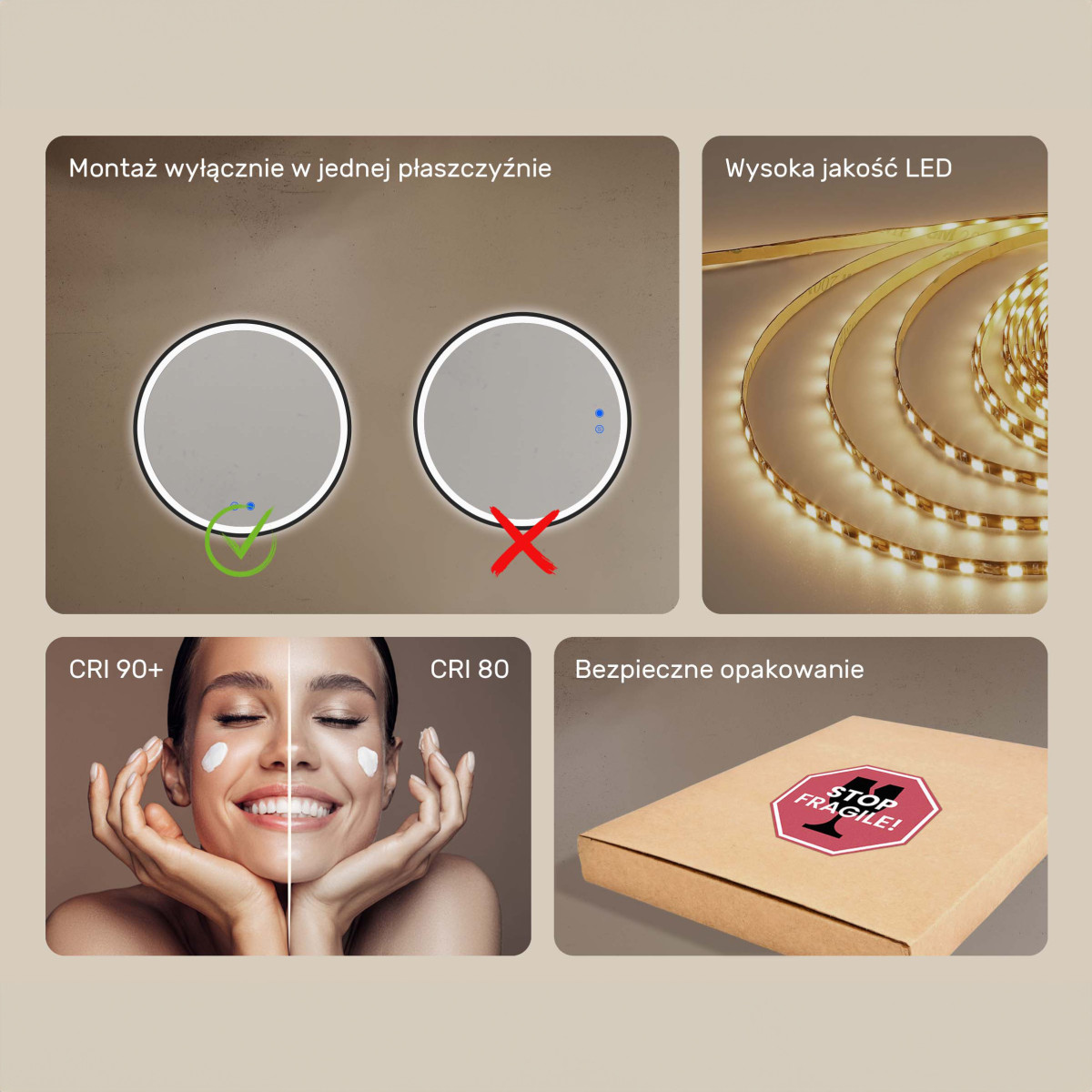 Okrągłe lustro podświetlane LED - 60 cm w srebnej ramie aluminiowej