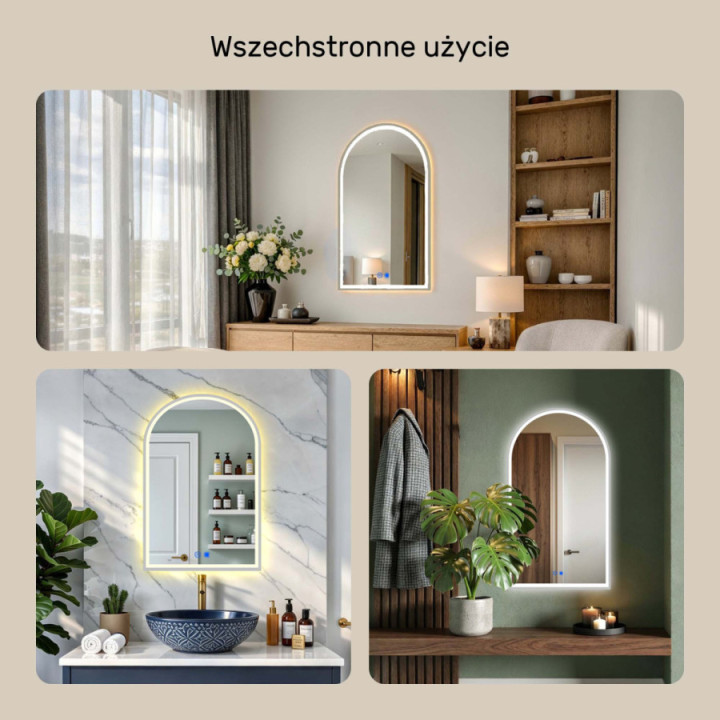 Nieregularne lustro podświetlane LED - 60x90 cm w srebnej ramie aluminiowej