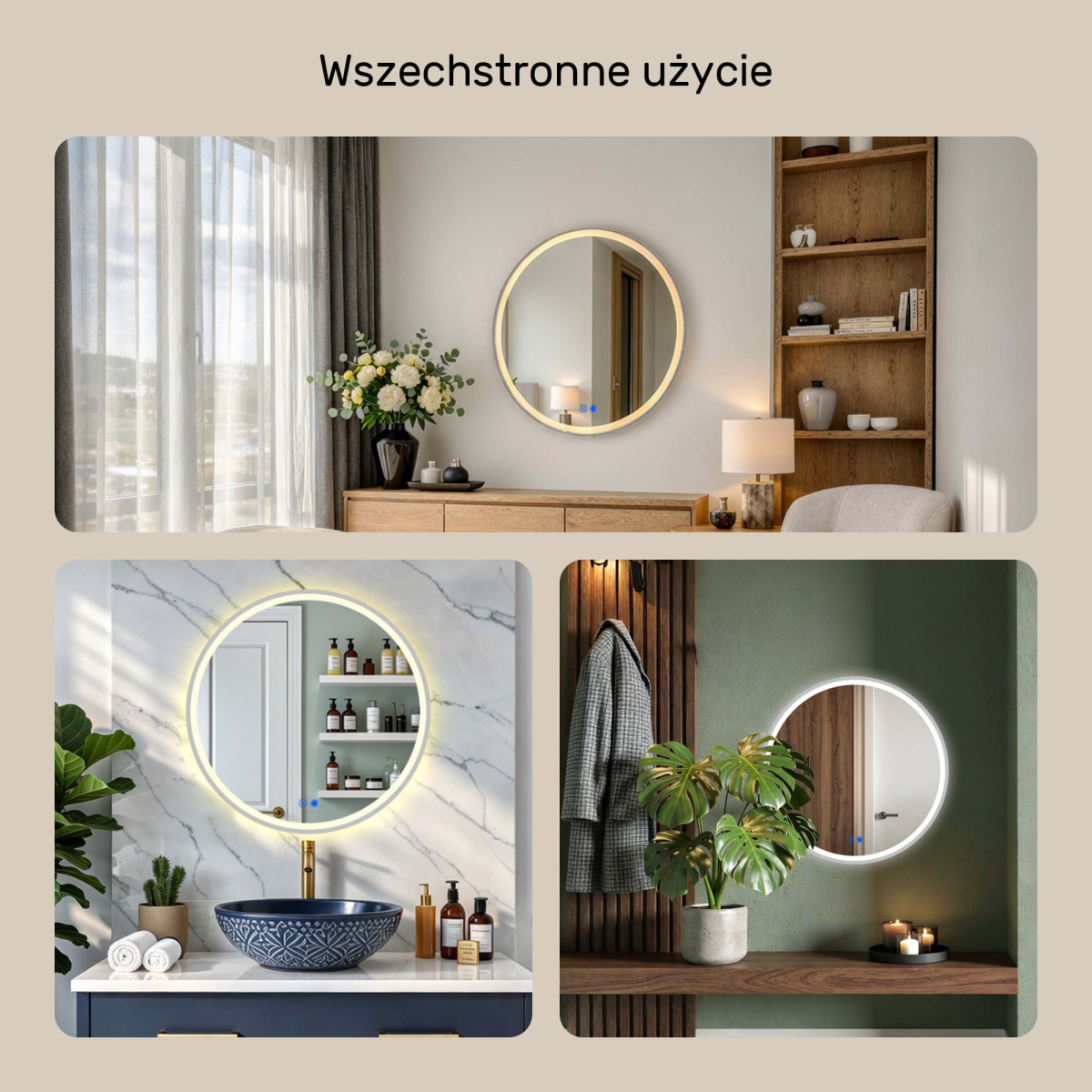 Okrągłe lustro podświetlane LED - 80 cm w srebnej ramie aluminiowej