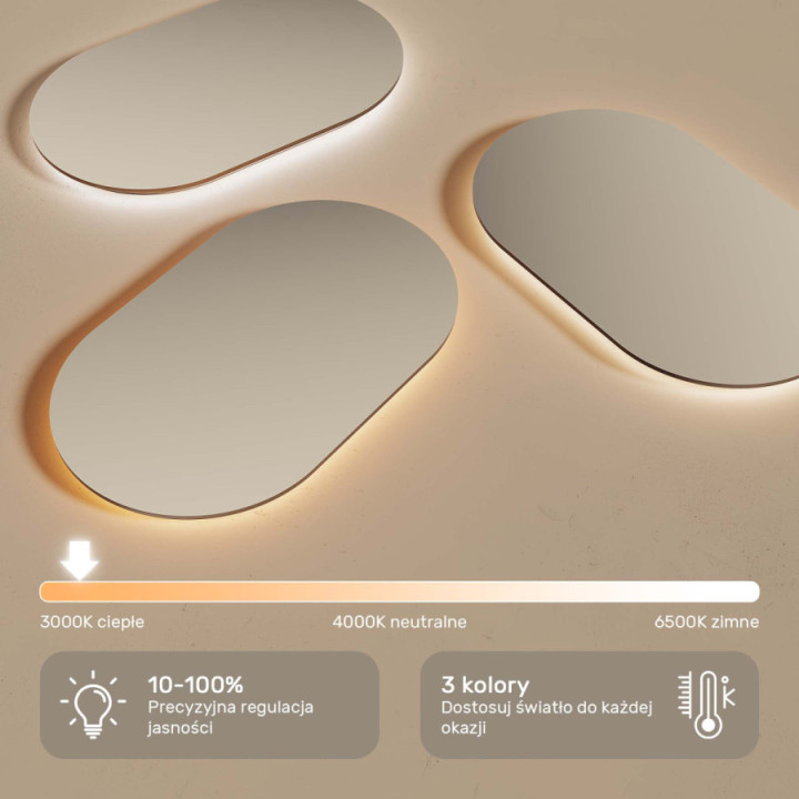 Zaokrąglone lustro podświetlane LED - 100x70/70x100 cm w srebnej ramie aluminiowej