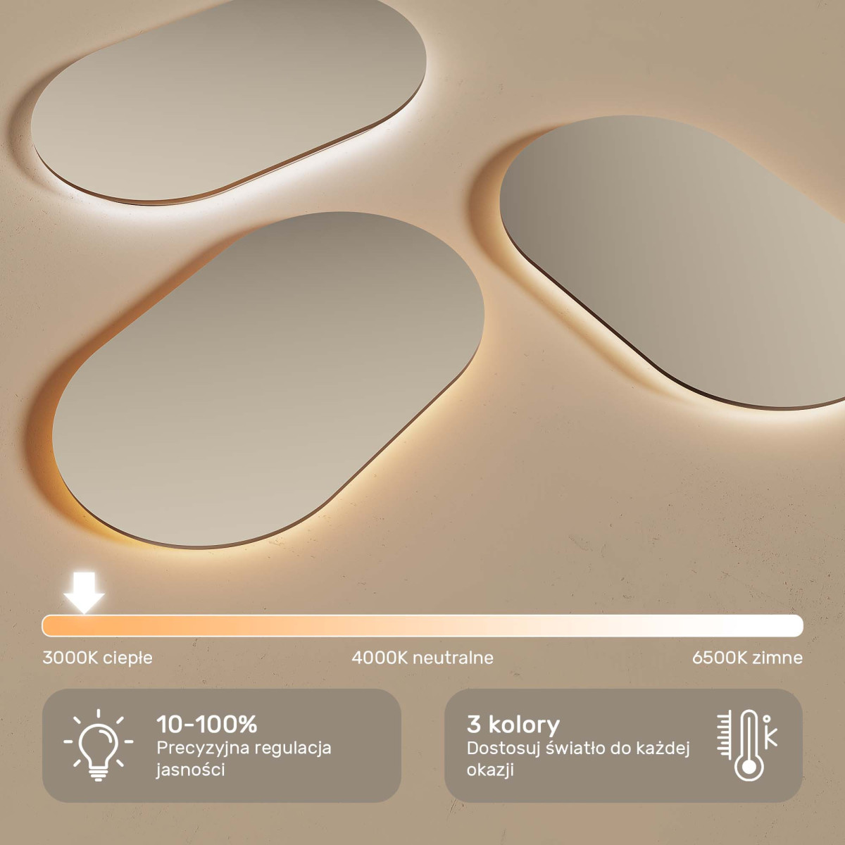 Zaokrąglone lustro podświetlane LED - 120x70/70x120 cm w srebnej ramie aluminiowej