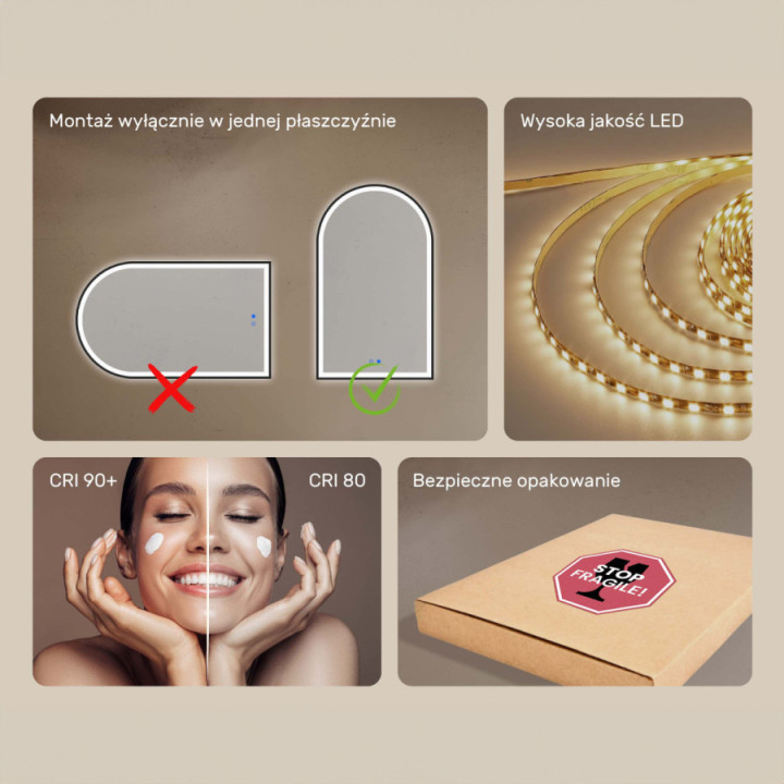 70x100 cm Nieregularne lustro z podświetleniem LED w czarnej aluminiowej ramie